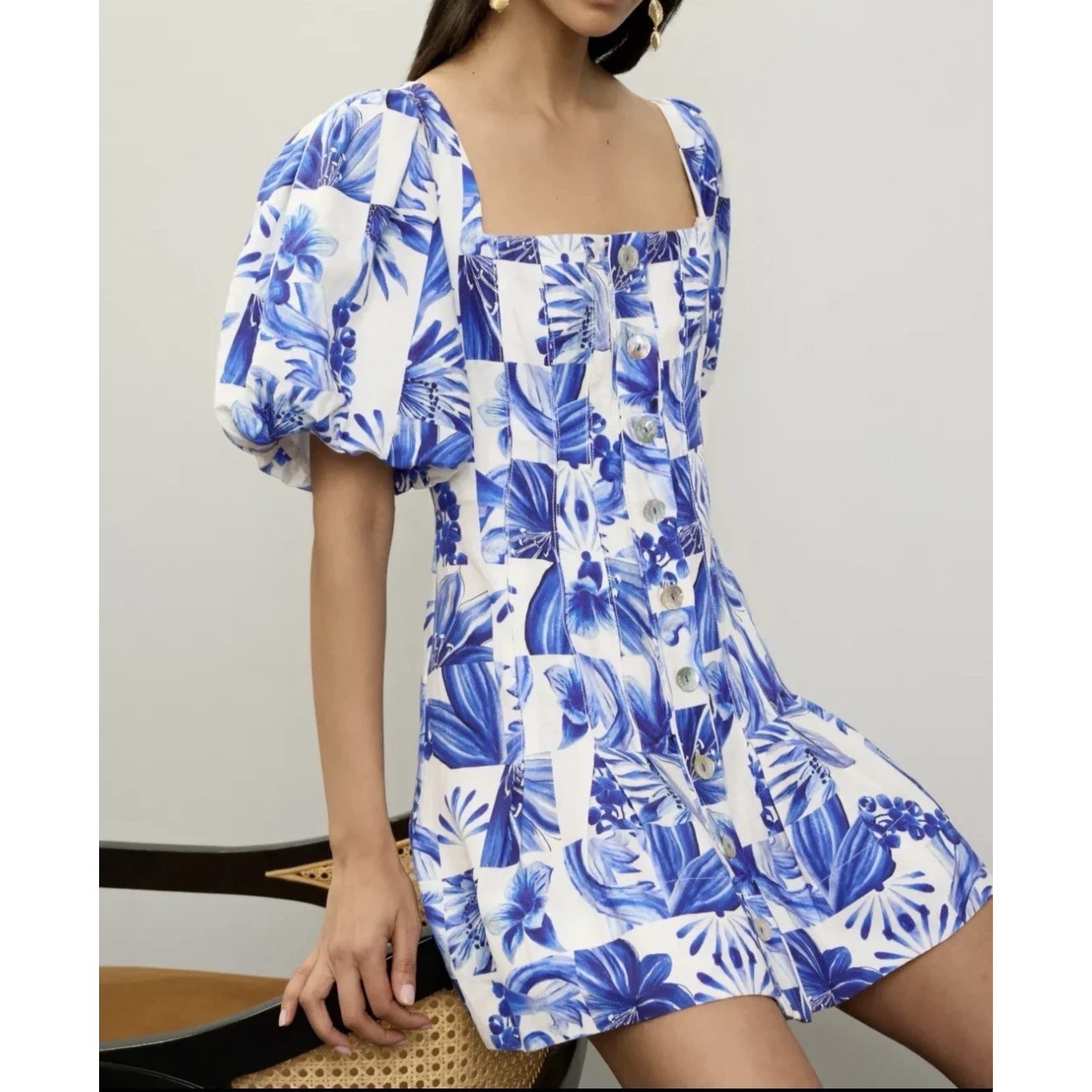 Farm Rio Garden Tiles Plaid Mini Dress Xs Blue Floral Button Front Linen Blend